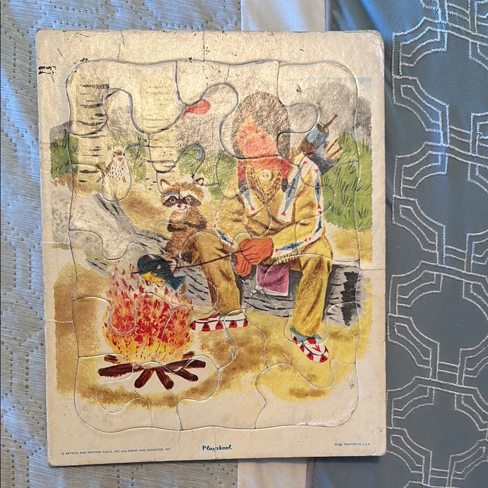 Vintage Puzzle with Campfire Scene